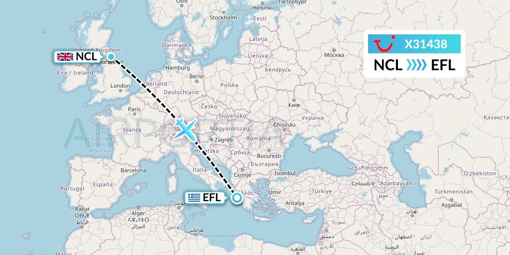 X31438 TUI fly Germany Flight Map: Newcastle to Kefalonia
