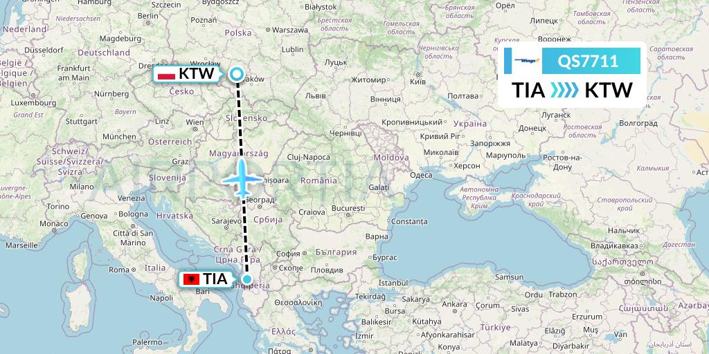 QS7711 Smartwings Flight Map: Tirana to Katowice