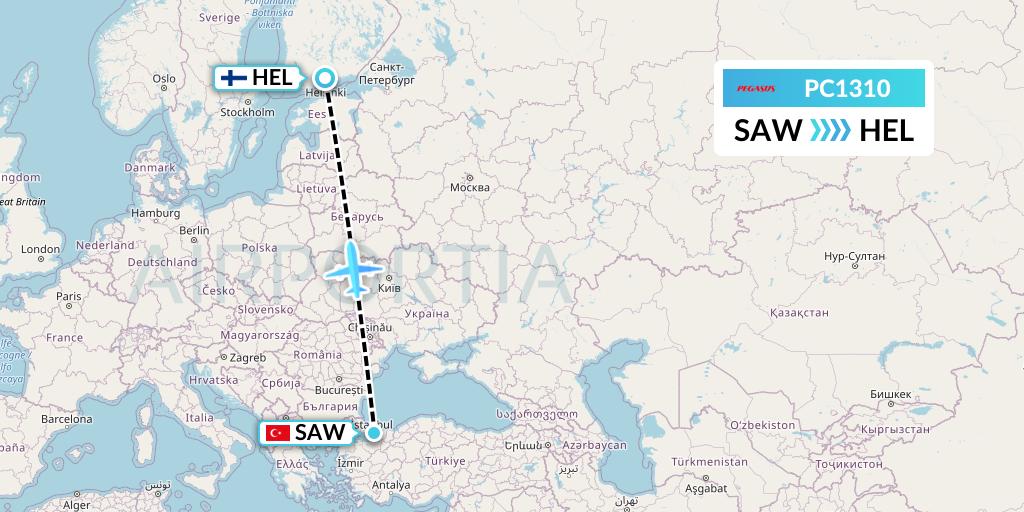 PC1310 Pegasus Airlines Flight Map: Istanbul to Helsinki