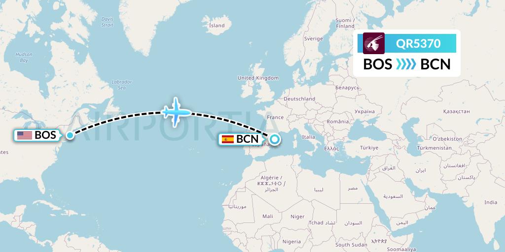 QR5370 Qatar Airways Flight Map: Boston to Barcelona