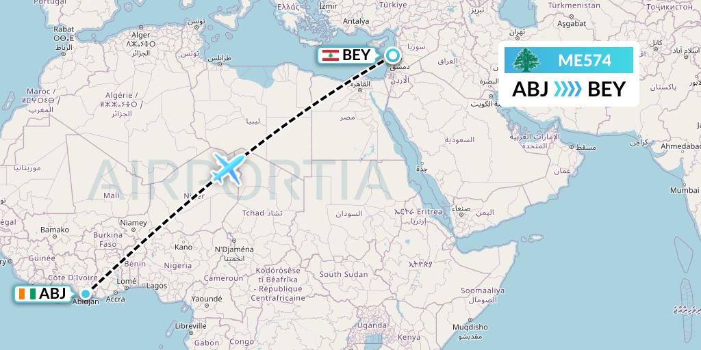 ME574 MEA Flight Map: Abidjan to Beirut