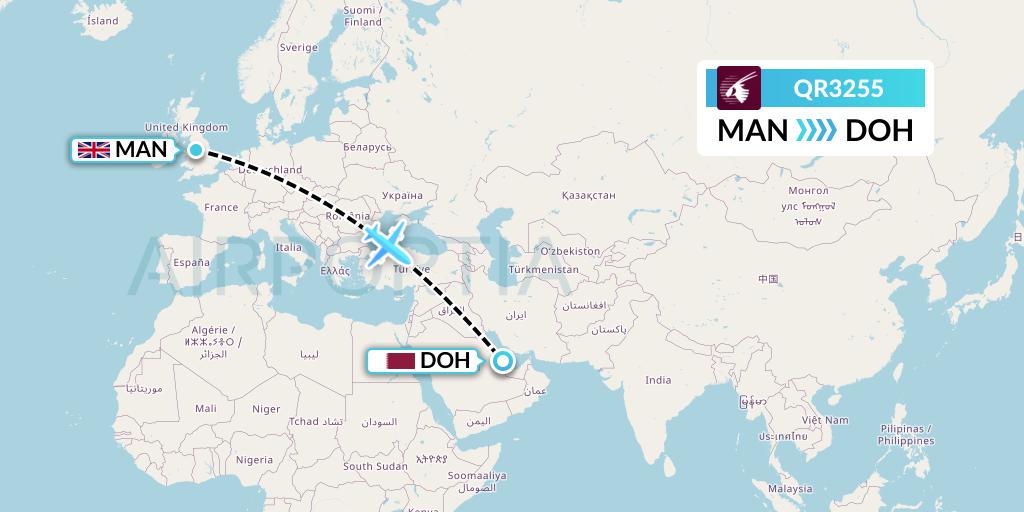 QR3255 Qatar Airways Flight Map: Manchester to Doha