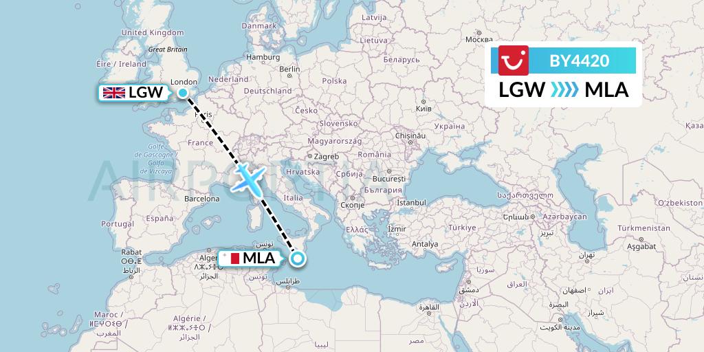 BY4420 TUI Airways Flight Map: London to Malta