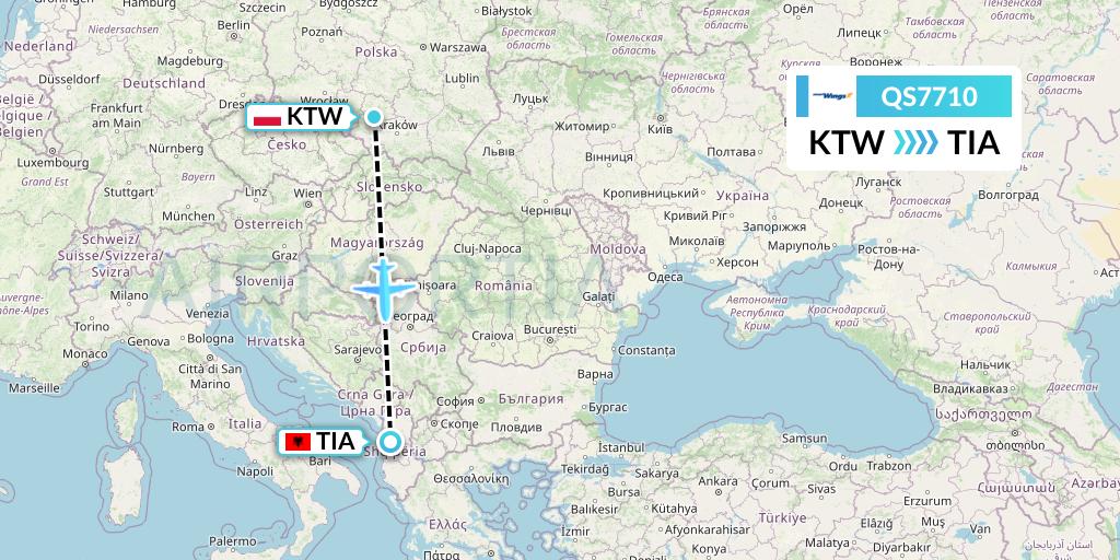 QS7710 Smartwings Flight Map: Katowice to Tirana