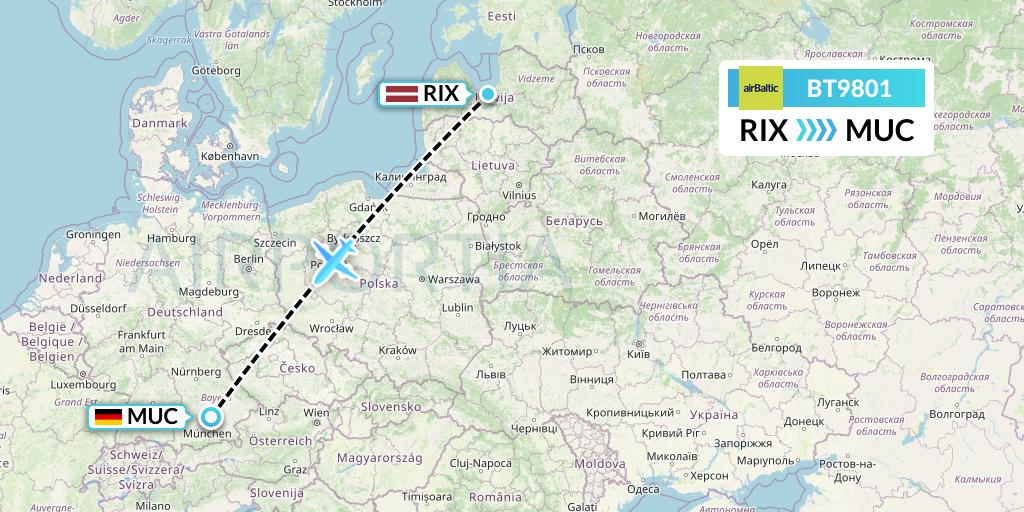 BT9801 Air Baltic Flight Map: Riga to Munich