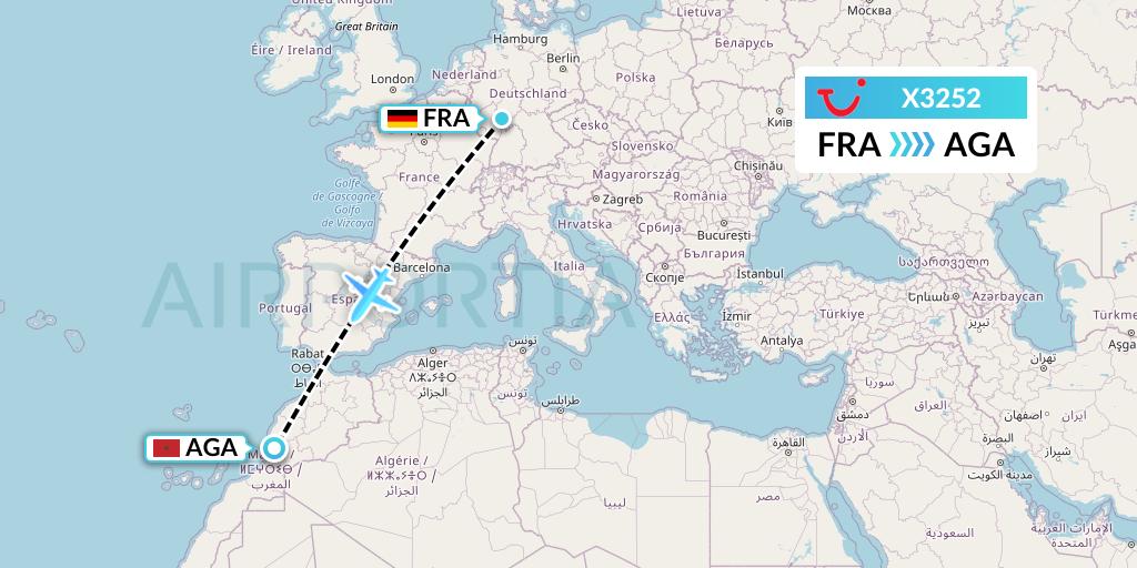 X3252 TUI fly Germany Flight Map: Frankfurt to Agadir
