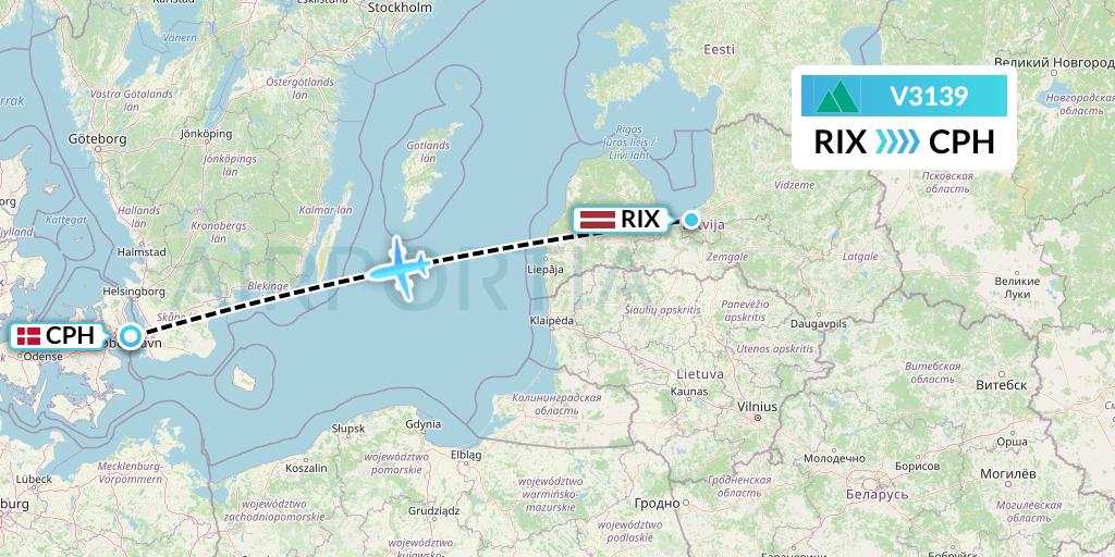 V3139 Carpatair Flight Map: Riga to Copenhagen