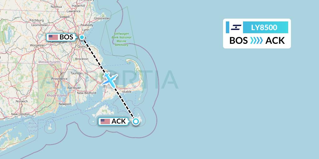 LY8500 El Al Flight Map: Boston to Nantucket