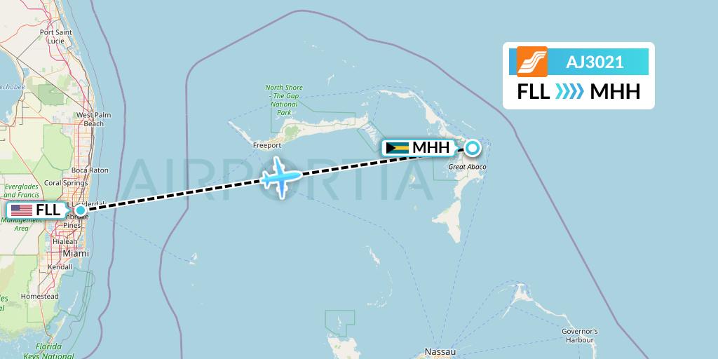 AJ3021 Aztec Airways Flight Map: Fort Lauderdale to Marsh Harbour