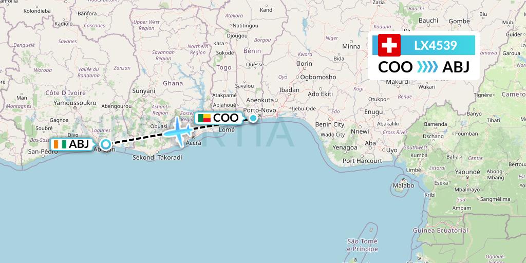 LX4539 Swiss Flight Map: Cotonou to Abidjan