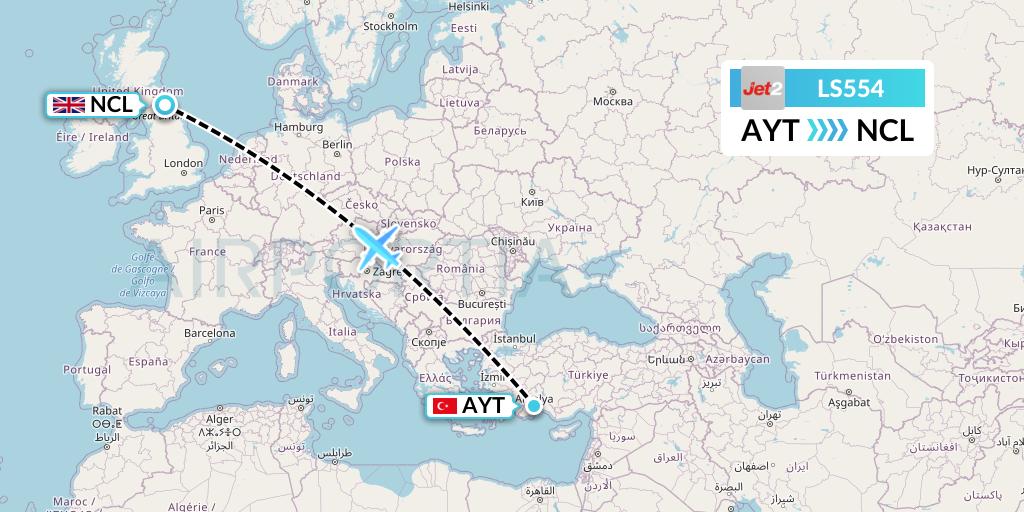 LS554 Jet2 Flight Map: Antalya to Newcastle