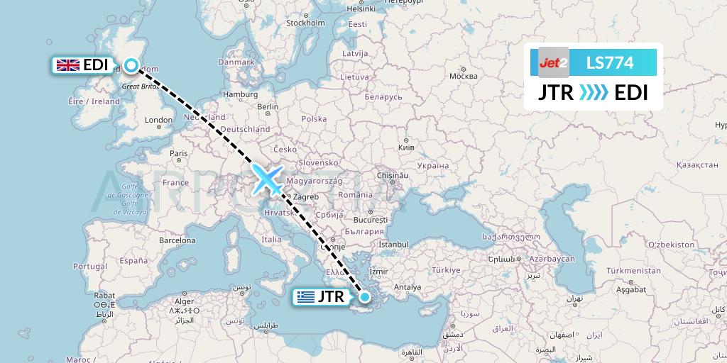 LS774 Jet2 Flight Map: Santorini to Edinburgh