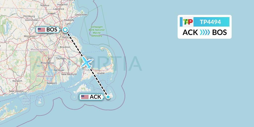 TP4494 TAP Portugal Flight Map: Nantucket to Boston