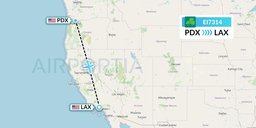 EI7314 Aer Lingus Flight Map: Portland to Los Angeles