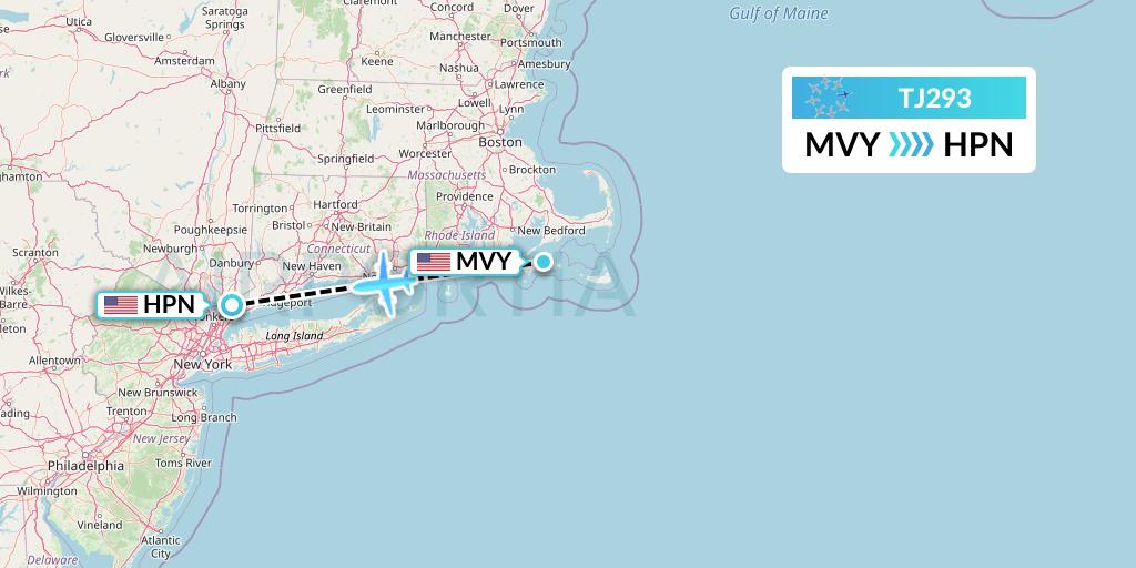 TJ293 Tradewind Aviation Flight Map: Martha's Vineyard to White Plains
