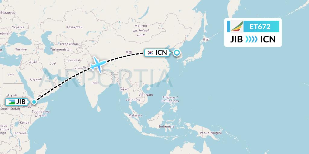ET672 Ethiopian Airlines Flight Map: Djibouti to Seoul