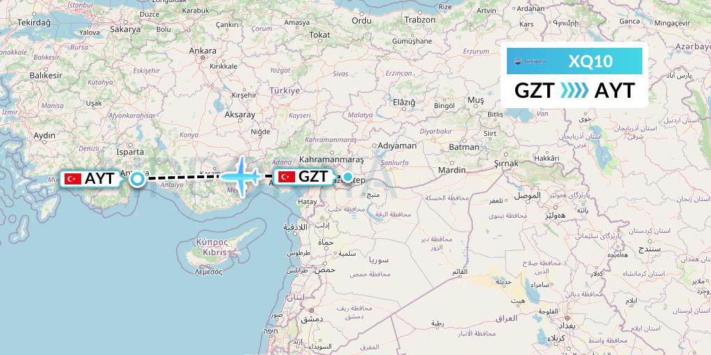 XQ10 SunExpress Flight Map: Gaziantep to Antalya