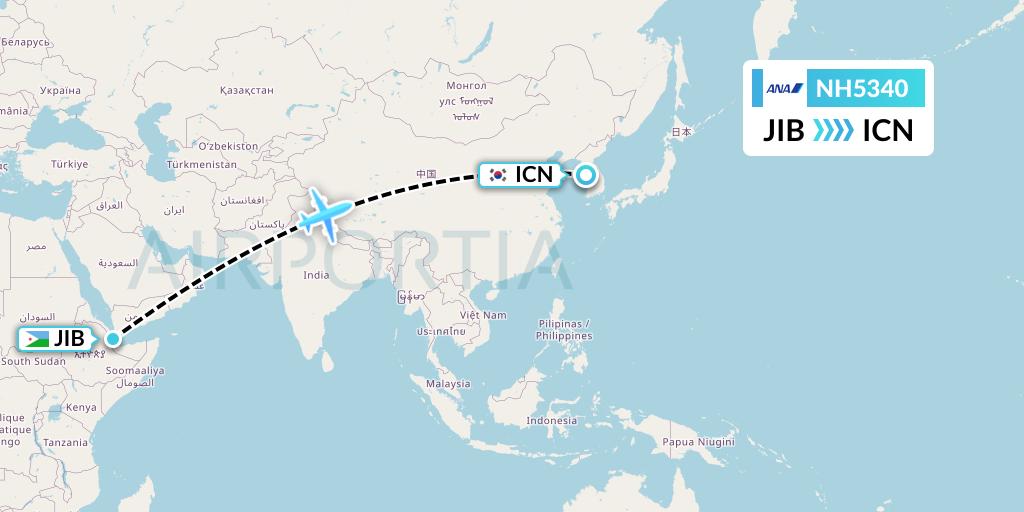 NH5340 All Nippon Airways Flight Map: Djibouti to Seoul