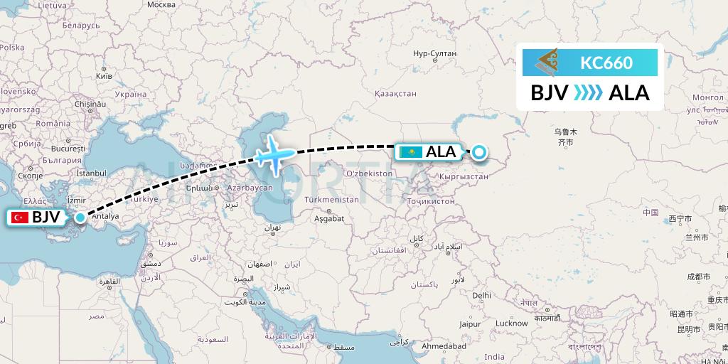 KC660 Air Astana Flight Map: Bodrum to Almaty