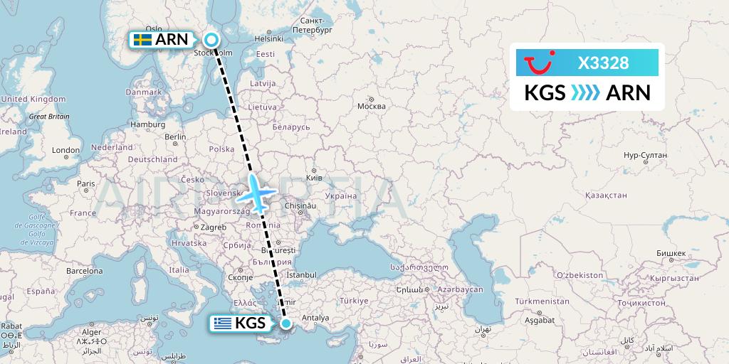 X3328 TUI fly Germany Flight Map: Kos to Stockholm