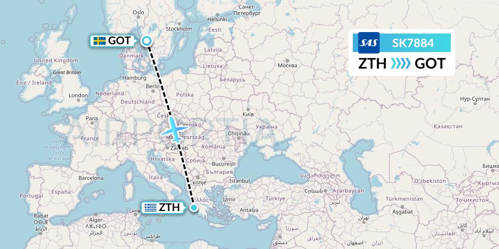 SK7884 SAS Flight Map: Zakynthos to Gothenburg