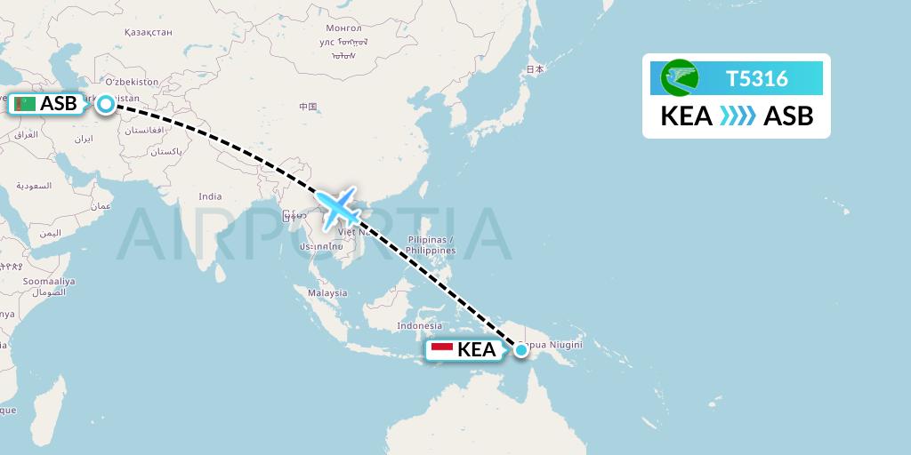 T5316 Turkmenistan Airlines Flight Map: Keisah-Papua Island to Ashgabat
