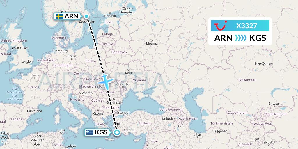 X3327 TUI fly Germany Flight Map: Stockholm to Kos