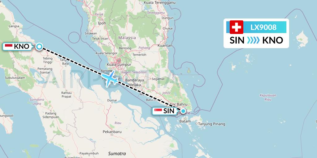 LX9008 Swiss Flight Map: Singapore to Medan