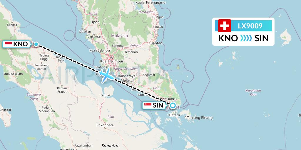 LX9009 Swiss Flight Map: Medan to Singapore