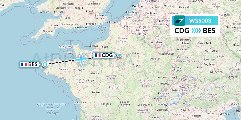 WS5003 WestJet Flight Map: Paris to Brest