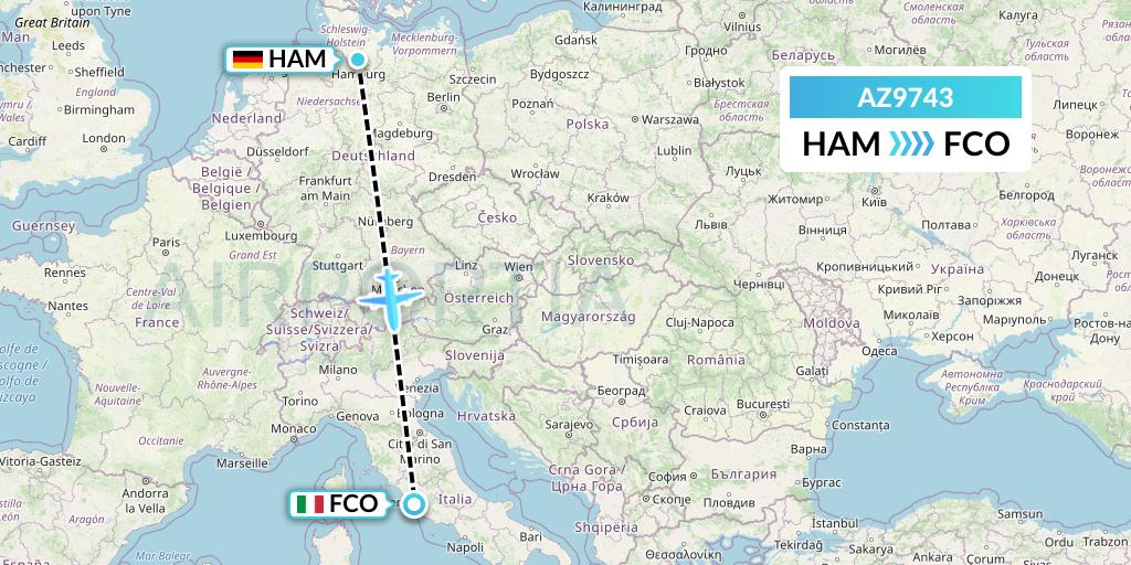 AZ9743 ITA Airways Flight Map: Hamburg to Rome