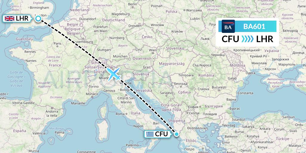 BA601 British Airways Flight Map: Corfu to London