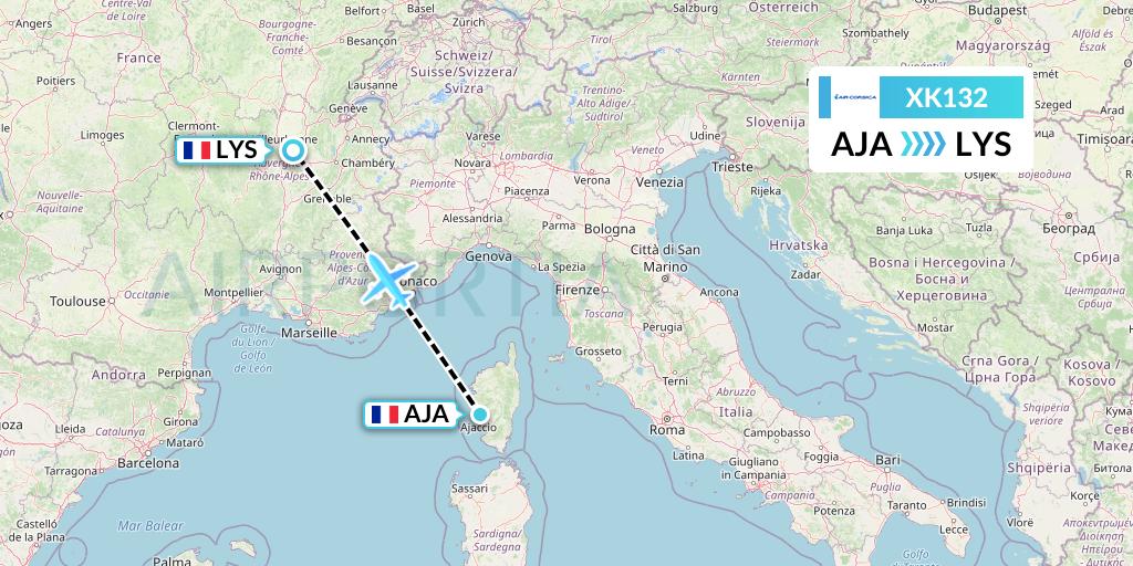 XK132 Air Corsica Flight Map: Ajaccio to Lyon