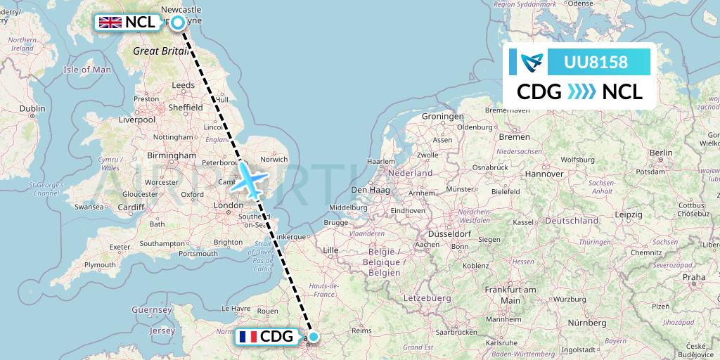 UU8158 Air Austral Flight Map: Paris to Newcastle