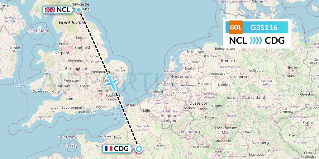 G35116 GOL Transportes Aeros Flight Map: Newcastle to Paris