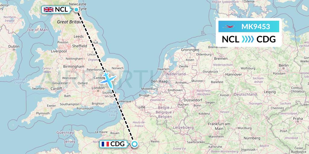 MK9453 Air Mauritius Flight Map: Newcastle to Paris