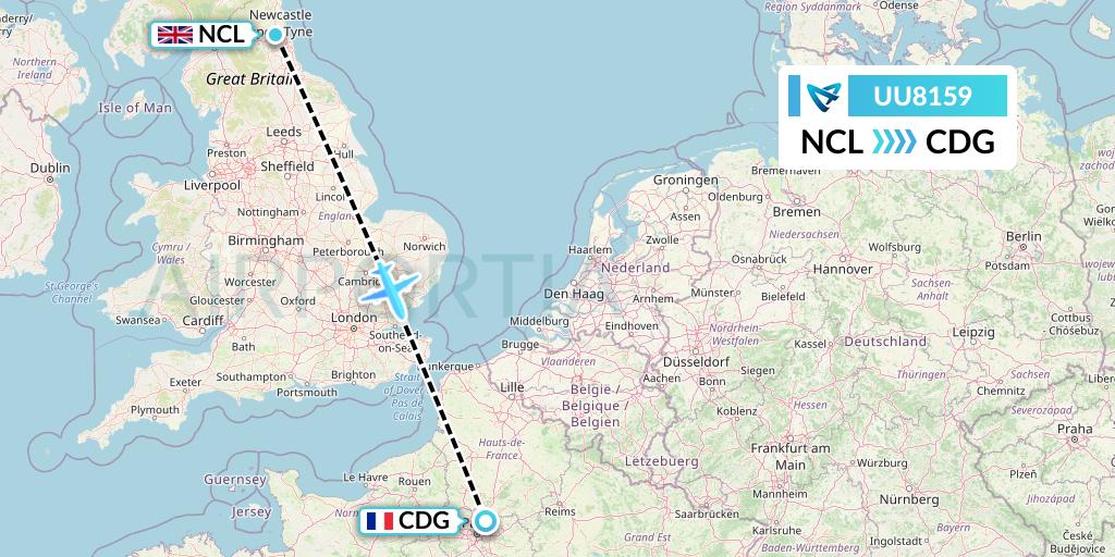 UU8159 Air Austral Flight Map: Newcastle to Paris