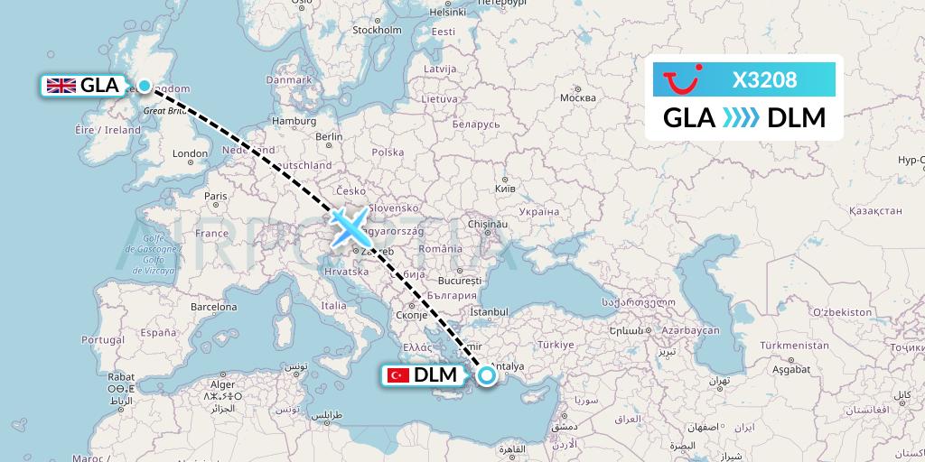 X3208 TUI fly Germany Flight Map: Glasgow to Dalaman