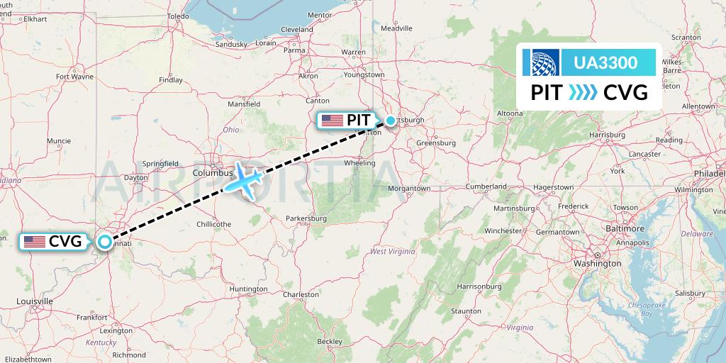 UA3300 United Airlines Flight Map: Pittsburgh to Cincinnati