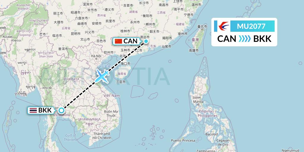MU2077 China Eastern Airlines Flight Map: Guangzhou to Bangkok