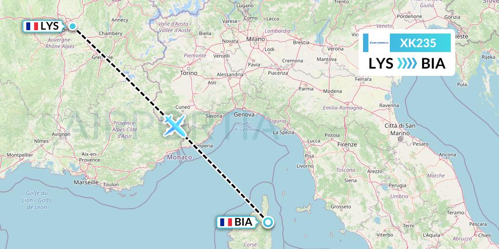 XK235 Air Corsica Flight Map: Lyon to Bastia