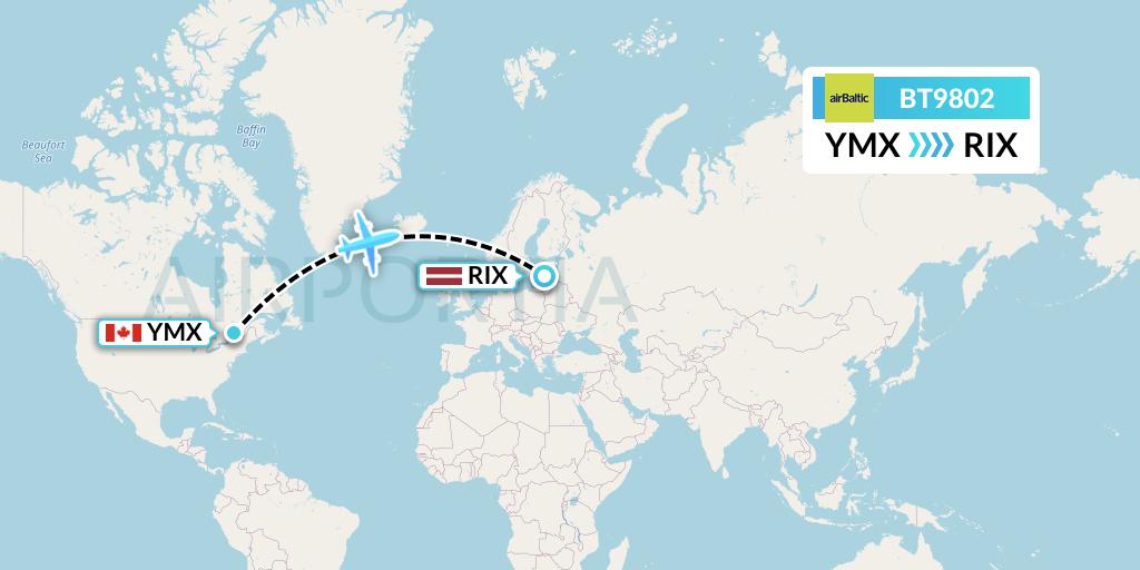 BT9802 Air Baltic Flight Map: Montreal to Riga