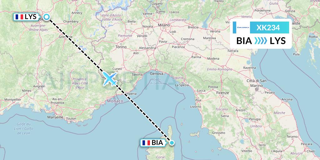 XK234 Air Corsica Flight Map: Bastia to Lyon