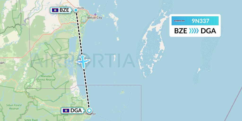 9N337 Tropic Air Flight Map: Belize City to Dangriga