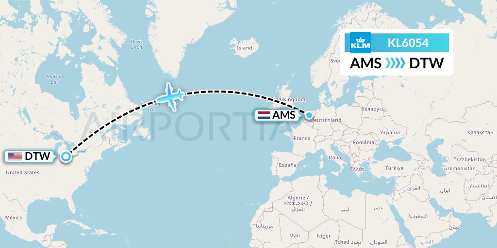 KL6054 KLM Flight Map: Amsterdam to Detroit