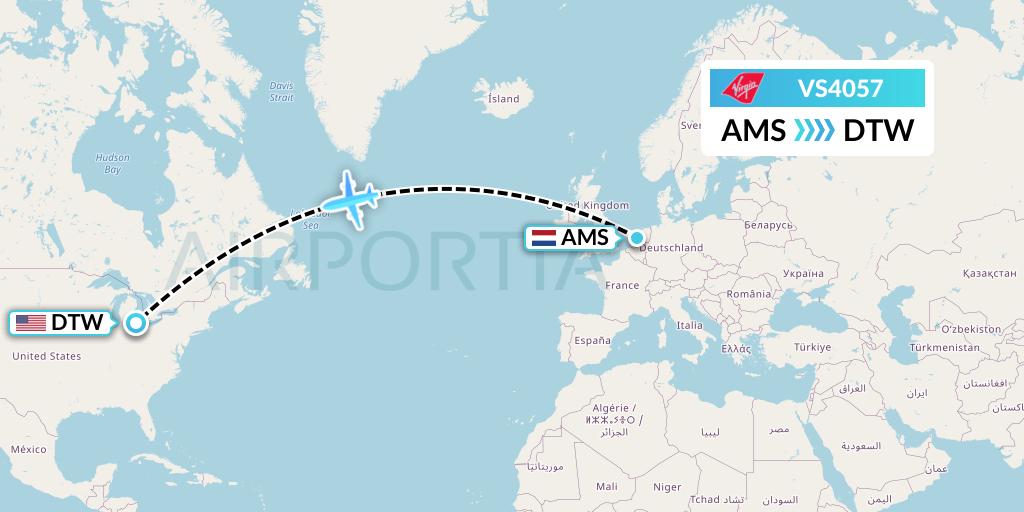 VS4057 Virgin Atlantic Airways Flight Map: Amsterdam to Detroit