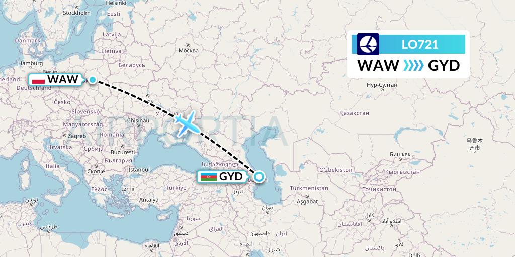 LO721 LOT Flight Map: Warsaw to Baku