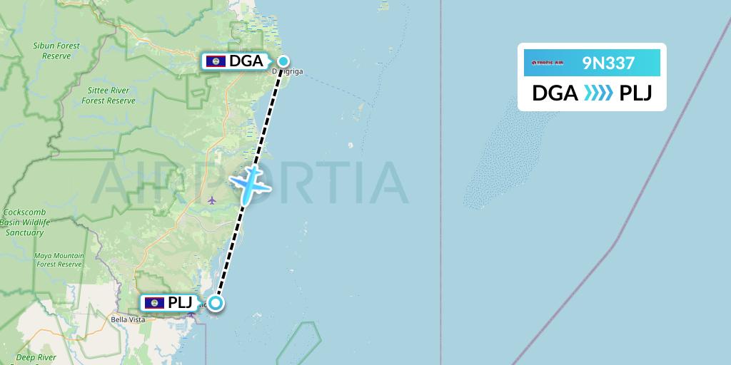 9N337 Tropic Air Flight Map: Dangriga to Placencia