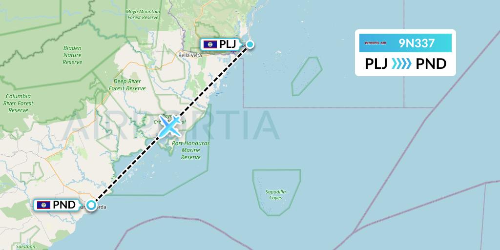 9N337 Tropic Air Flight Map: Placencia to Punta Gorda