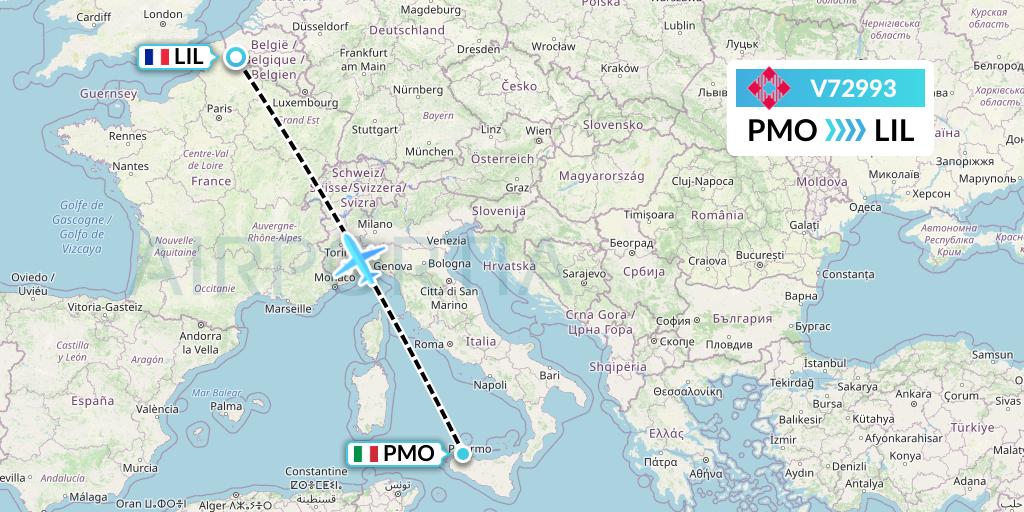 V72993 Volotea Flight Map: Palermo to Lille